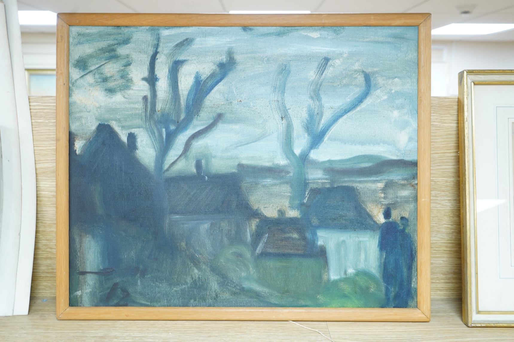 20th century, Figures before a landscape, inscribed verso, oil on canvas, together with an abstract oil on board, possibly by the same hand, largest 42 x 53cm